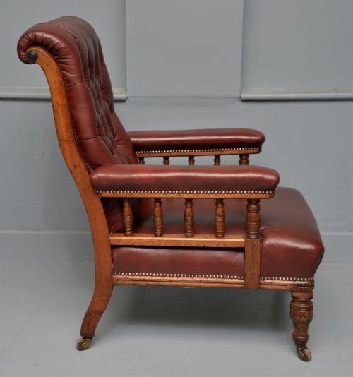 VICTORIAN OAK FRAME RED LEATHER LIBRARY OCCASIONAL EASY ARMCHAIR - ADDITIONAL PHOTO 2