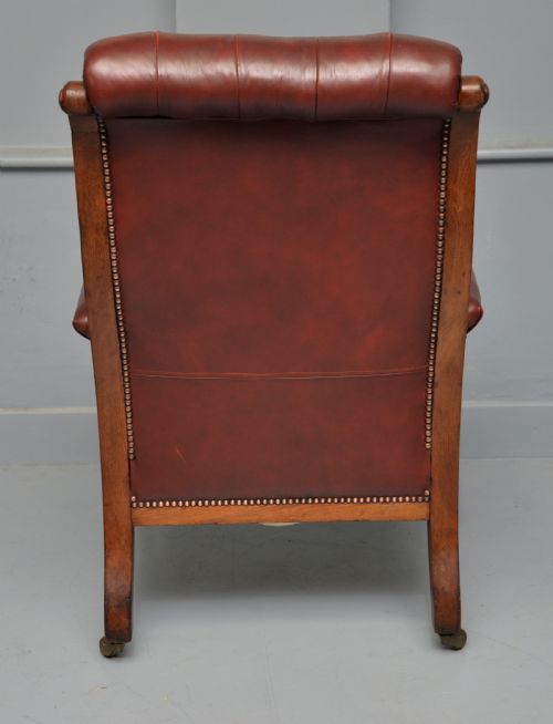 VICTORIAN OAK FRAME RED LEATHER LIBRARY OCCASIONAL EASY ARMCHAIR - ADDITIONAL PHOTO 4