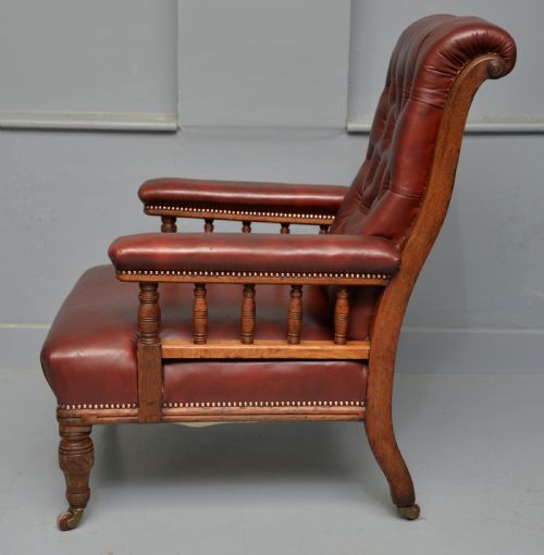 VICTORIAN OAK FRAME RED LEATHER LIBRARY OCCASIONAL EASY ARMCHAIR - ADDITIONAL PHOTO 5