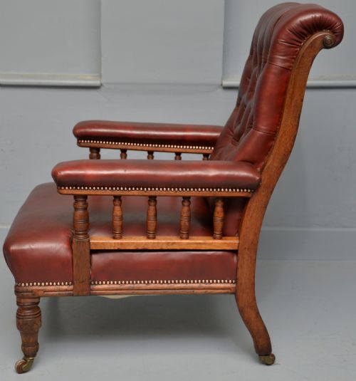 VICTORIAN OAK FRAME RED LEATHER LIBRARY OCCASIONAL EASY ARMCHAIR - ADDITIONAL PHOTO 6