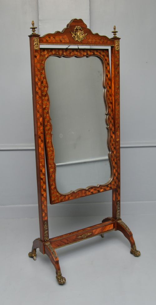 antique dutch marquetry 19th century cheval mirror - CATEGORY: ANTIQUE MIRRORS - DATED 19TH CENTURY