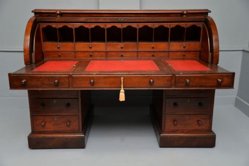 handsome victorian rolltop mahogany cylinder pedestal desk - CATEGORY: ANTIQUE DESKS - DATED VICTORIAN