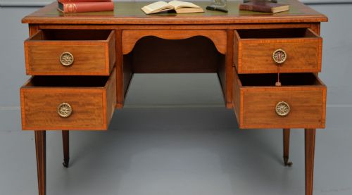 EDWARDIAN INLAID MAHOGANY LEATHER TOP WRITING DESK - ADDITIONAL PHOTO 2