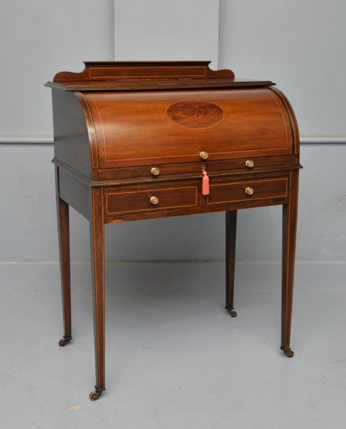 edwardian sheraton revival mahogany cylinder roll top desk - CATEGORY: ANTIQUE BUREAU - DATED EDWARDIAN