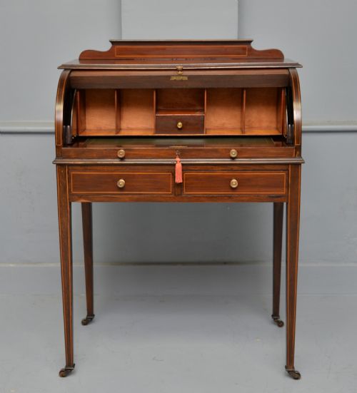 EDWARDIAN SHERATON REVIVAL MAHOGANY CYLINDER ROLL TOP DESK - ADDITIONAL PHOTO 3