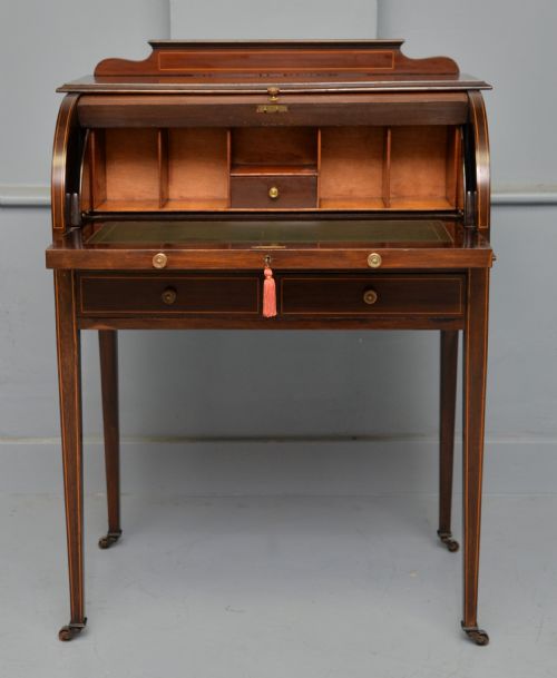 EDWARDIAN SHERATON REVIVAL MAHOGANY CYLINDER ROLL TOP DESK - ADDITIONAL PHOTO 4