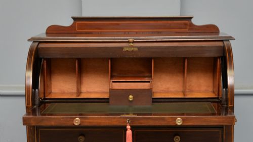 EDWARDIAN SHERATON REVIVAL MAHOGANY CYLINDER ROLL TOP DESK - ADDITIONAL PHOTO 5