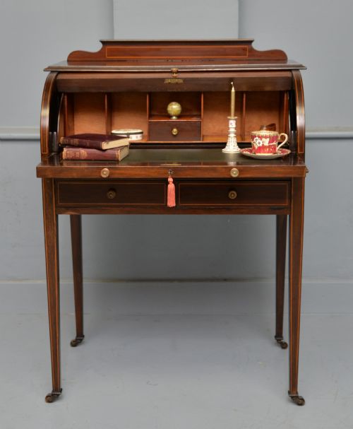 EDWARDIAN SHERATON REVIVAL MAHOGANY CYLINDER ROLL TOP DESK - ADDITIONAL PHOTO 6