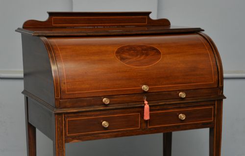 EDWARDIAN SHERATON REVIVAL MAHOGANY CYLINDER ROLL TOP DESK - ADDITIONAL PHOTO 7