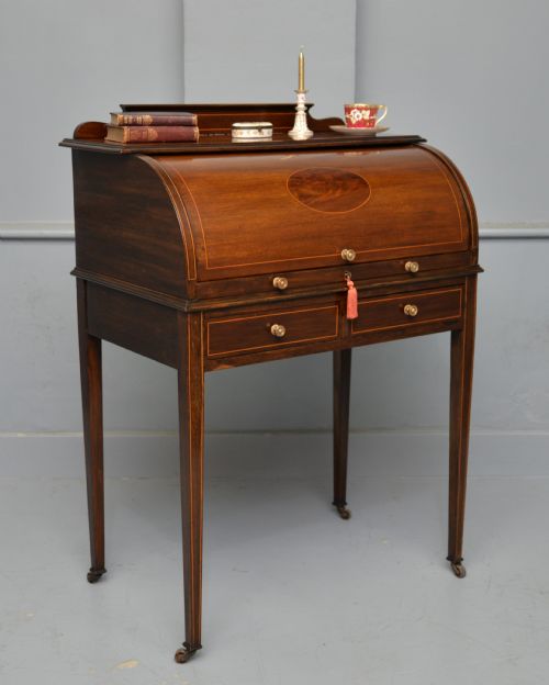 EDWARDIAN SHERATON REVIVAL MAHOGANY CYLINDER ROLL TOP DESK - ADDITIONAL PHOTO 9