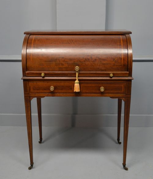 EDWARDIAN SHERATON REVIVAL MAHOGANY CYLINDER ROLL TOP DESK - ADDITIONAL PHOTO 1
