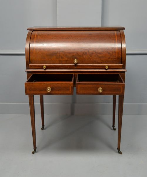 EDWARDIAN SHERATON REVIVAL MAHOGANY CYLINDER ROLL TOP DESK - ADDITIONAL PHOTO 2