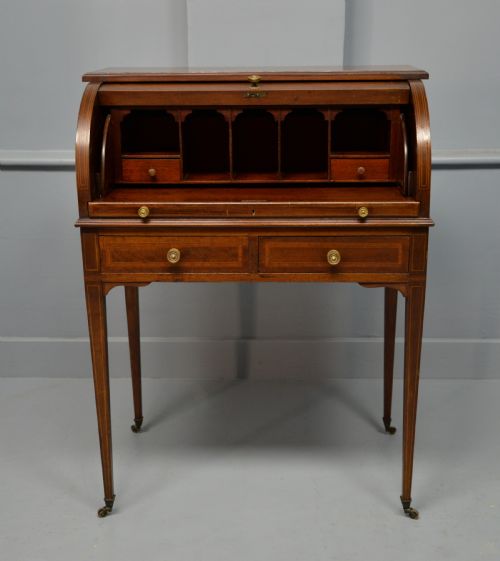 EDWARDIAN SHERATON REVIVAL MAHOGANY CYLINDER ROLL TOP DESK - ADDITIONAL PHOTO 3
