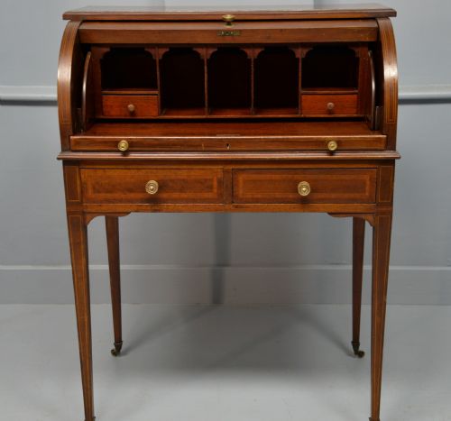 EDWARDIAN SHERATON REVIVAL MAHOGANY CYLINDER ROLL TOP DESK - ADDITIONAL PHOTO 4