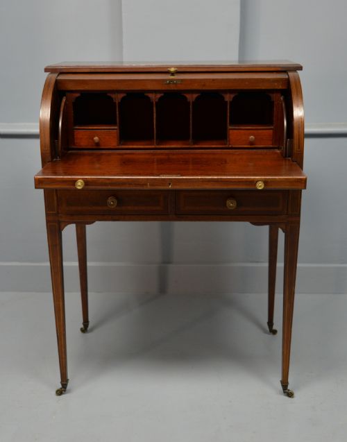 EDWARDIAN SHERATON REVIVAL MAHOGANY CYLINDER ROLL TOP DESK - ADDITIONAL PHOTO 6