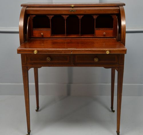 EDWARDIAN SHERATON REVIVAL MAHOGANY CYLINDER ROLL TOP DESK - ADDITIONAL PHOTO 7