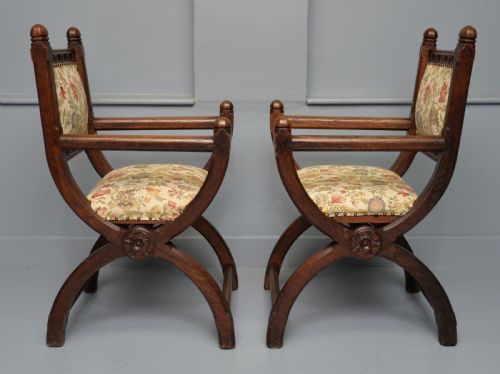 VICTORIAN PAIR OF GOTHIC REVIVAL OAK X FRAME HALL CHAIRS - ADDITIONAL PHOTO 5