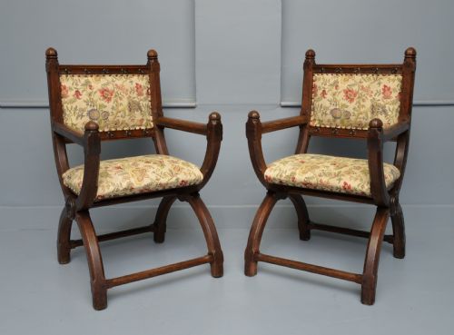VICTORIAN PAIR OF GOTHIC REVIVAL OAK X FRAME HALL CHAIRS - ADDITIONAL PHOTO 11