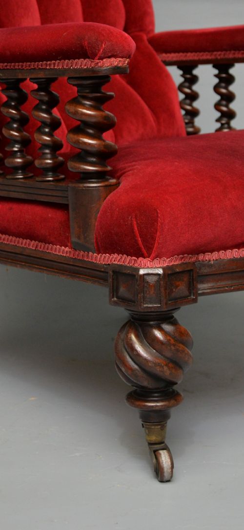 VICTORIAN MAHOGANY FRAME RED VELVET LIBRARY ARMCHAIR - ADDITIONAL PHOTO 3