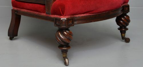VICTORIAN MAHOGANY FRAME RED VELVET LIBRARY ARMCHAIR - ADDITIONAL PHOTO 4