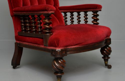 VICTORIAN MAHOGANY FRAME RED VELVET LIBRARY ARMCHAIR - ADDITIONAL PHOTO 5