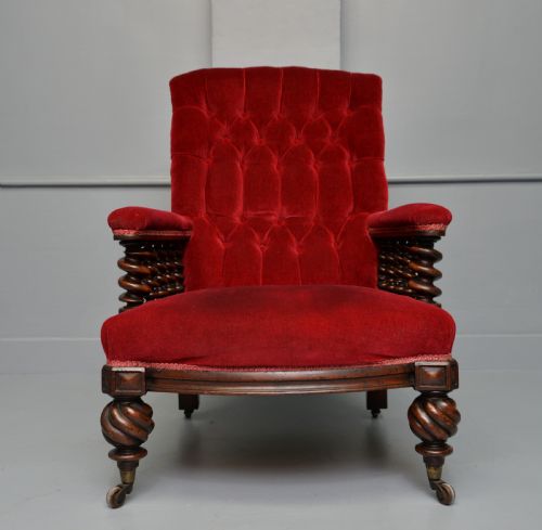 VICTORIAN MAHOGANY FRAME RED VELVET LIBRARY ARMCHAIR - ADDITIONAL PHOTO 6