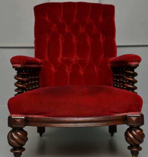 VICTORIAN MAHOGANY FRAME RED VELVET LIBRARY ARMCHAIR - ADDITIONAL PHOTO 7
