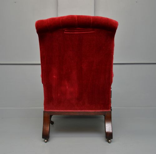 VICTORIAN MAHOGANY FRAME RED VELVET LIBRARY ARMCHAIR - ADDITIONAL PHOTO 10