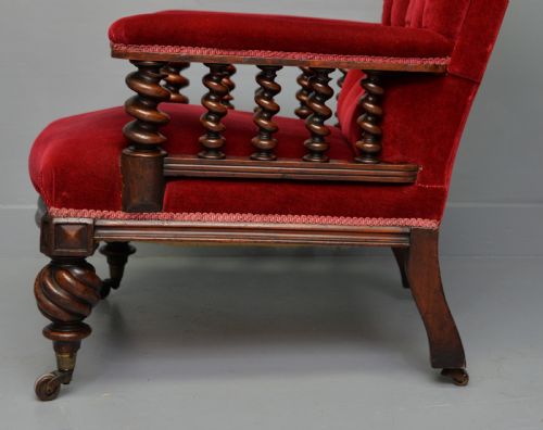 VICTORIAN MAHOGANY FRAME RED VELVET LIBRARY ARMCHAIR - ADDITIONAL PHOTO 12