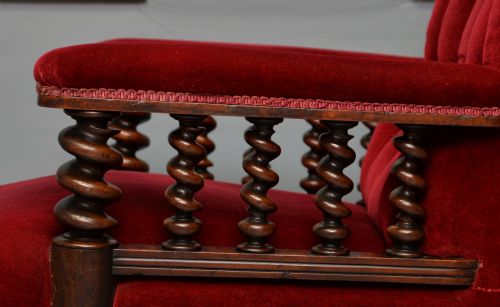 VICTORIAN MAHOGANY FRAME RED VELVET LIBRARY ARMCHAIR - ADDITIONAL PHOTO 13