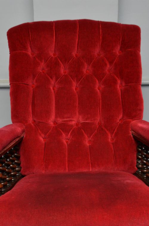 VICTORIAN MAHOGANY FRAME RED VELVET LIBRARY ARMCHAIR - ADDITIONAL PHOTO 14