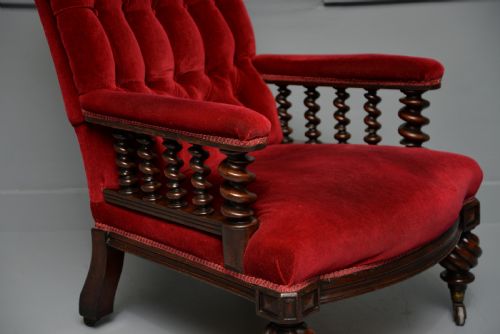VICTORIAN MAHOGANY FRAME RED VELVET LIBRARY ARMCHAIR - ADDITIONAL PHOTO 17