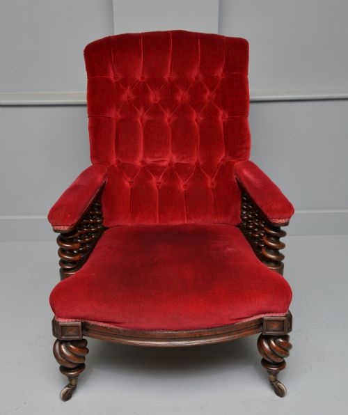 VICTORIAN MAHOGANY FRAME RED VELVET LIBRARY ARMCHAIR - ADDITIONAL PHOTO 19