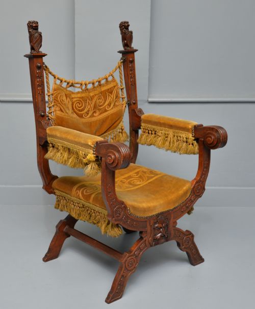charming renaissance revival carved oak x frame chair - CATEGORY: ANTIQUE CHAIRS - DATED VICTORIAN