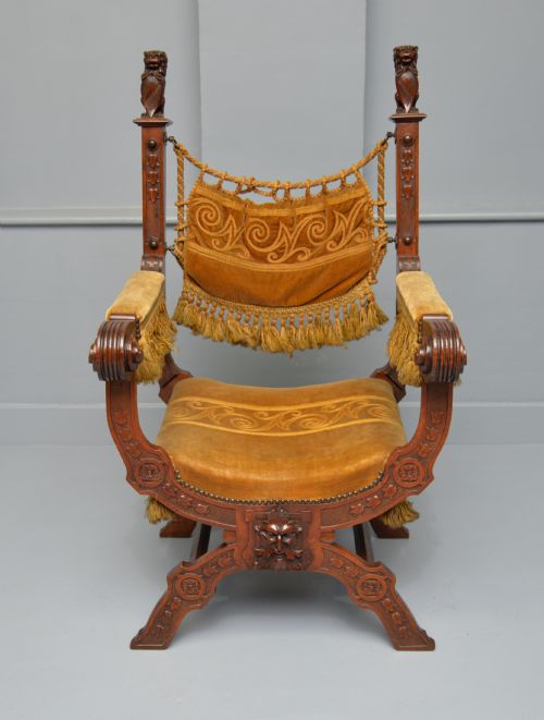 CHARMING RENAISSANCE REVIVAL CARVED OAK X FRAME CHAIR - ADDITIONAL PHOTO 1