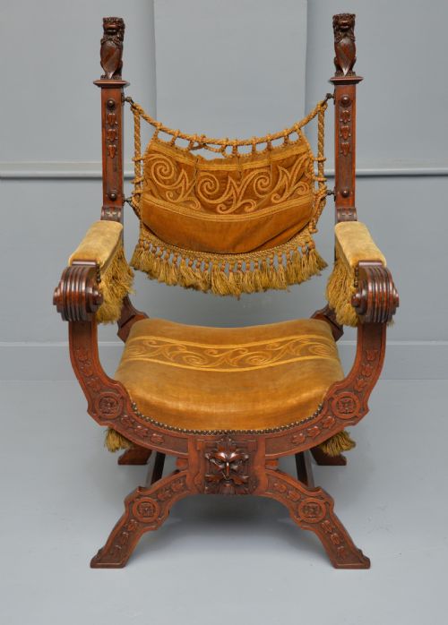 CHARMING RENAISSANCE REVIVAL CARVED OAK X FRAME CHAIR - ADDITIONAL PHOTO 2