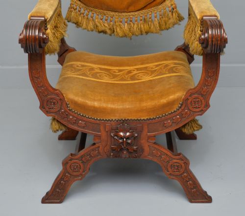 CHARMING RENAISSANCE REVIVAL CARVED OAK X FRAME CHAIR - ADDITIONAL PHOTO 3