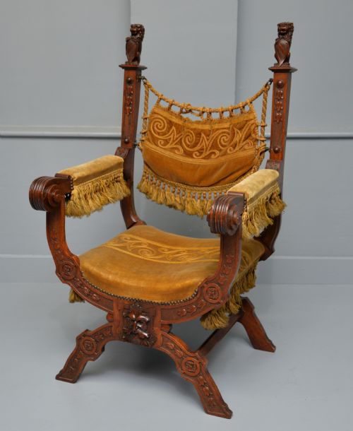 CHARMING RENAISSANCE REVIVAL CARVED OAK X FRAME CHAIR - ADDITIONAL PHOTO 11