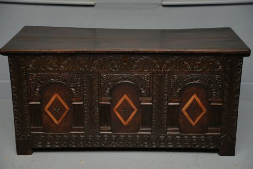 ELIZABETHAN CARVED OAK INLAID CHEST COFFER - ADDITIONAL PHOTO 14