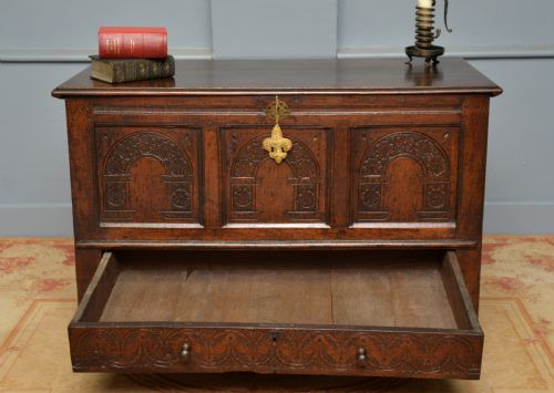 fig 1. Charming 17th Century Carved Oak Mule Chest