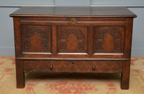 fig 3. Charming 17th Century Carved Oak Mule Chest