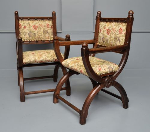 VICTORIAN GOTHIC REVIVAL PAIR OF OAK HALL CHAIRS - ADDITIONAL PHOTO 2