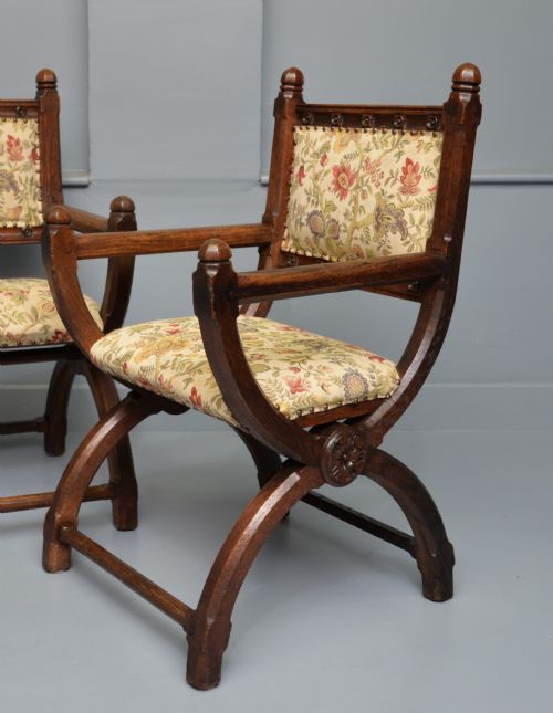VICTORIAN GOTHIC REVIVAL PAIR OF OAK HALL CHAIRS - ADDITIONAL PHOTO 3