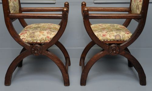 VICTORIAN GOTHIC REVIVAL PAIR OF OAK HALL CHAIRS - ADDITIONAL PHOTO 6