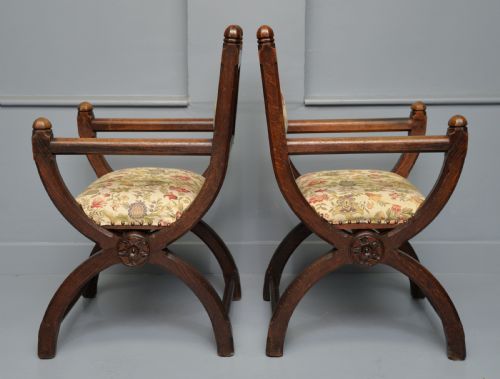 VICTORIAN GOTHIC REVIVAL PAIR OF OAK HALL CHAIRS - ADDITIONAL PHOTO 9