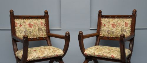 VICTORIAN GOTHIC REVIVAL PAIR OF OAK HALL CHAIRS - ADDITIONAL PHOTO 12