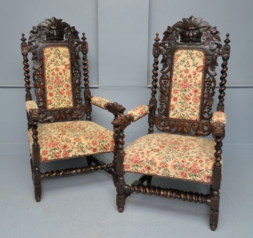 LARGE PAIR VICTORIAN GREEN MAN CARVED OAK THRONE CHAIRS - ADDITIONAL PHOTO 1