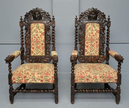 LARGE PAIR VICTORIAN GREEN MAN CARVED OAK THRONE CHAIRS - ADDITIONAL PHOTO 3