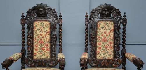 LARGE PAIR VICTORIAN GREEN MAN CARVED OAK THRONE CHAIRS - ADDITIONAL PHOTO 4