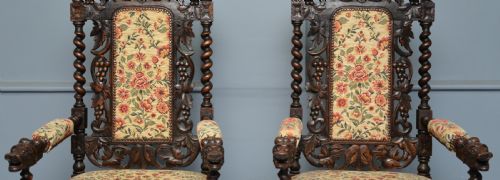 LARGE PAIR VICTORIAN GREEN MAN CARVED OAK THRONE CHAIRS - ADDITIONAL PHOTO 5
